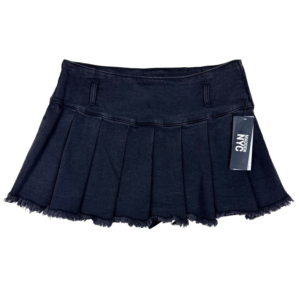 Madden NYC Pleated Skort Y2K Frayed Hem Womens M (8-10) Washed Black NO Tie NEW